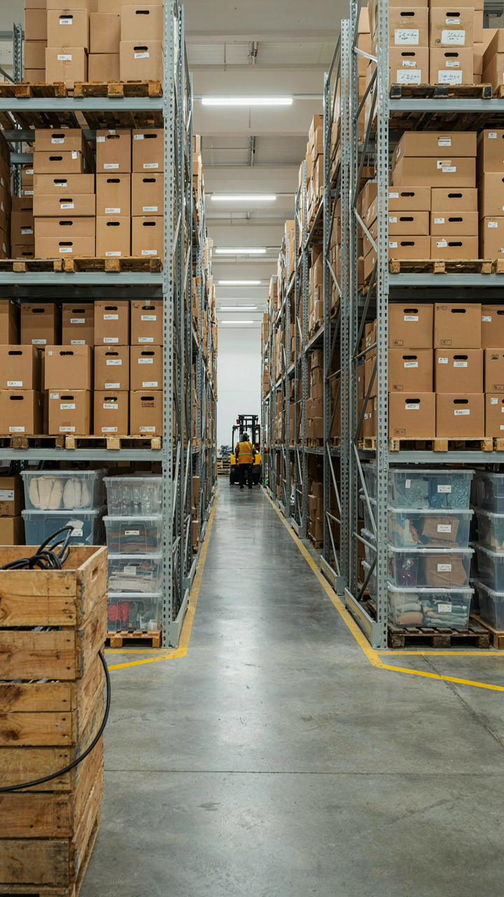 A warehouse inventory system with neatly organized bins for efficient storage.