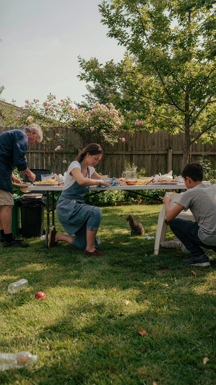 People cleaning up a garden quickly after a potluck, sorting and putting things away.