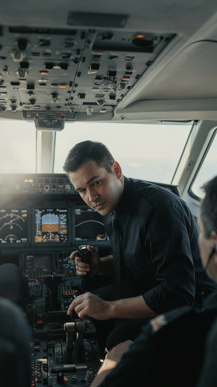 A pilot in a cockpit focuses intently on the instrument panel while flying.