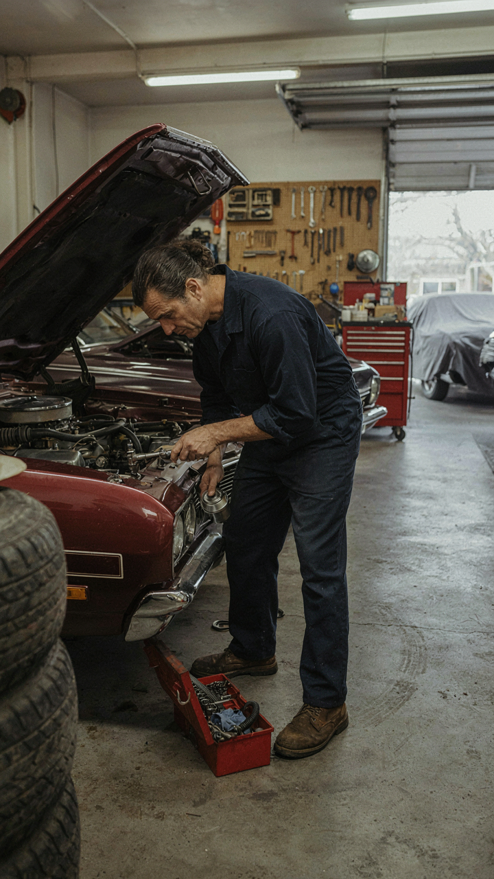 A mechanic works on a classic car engine for maintenance.