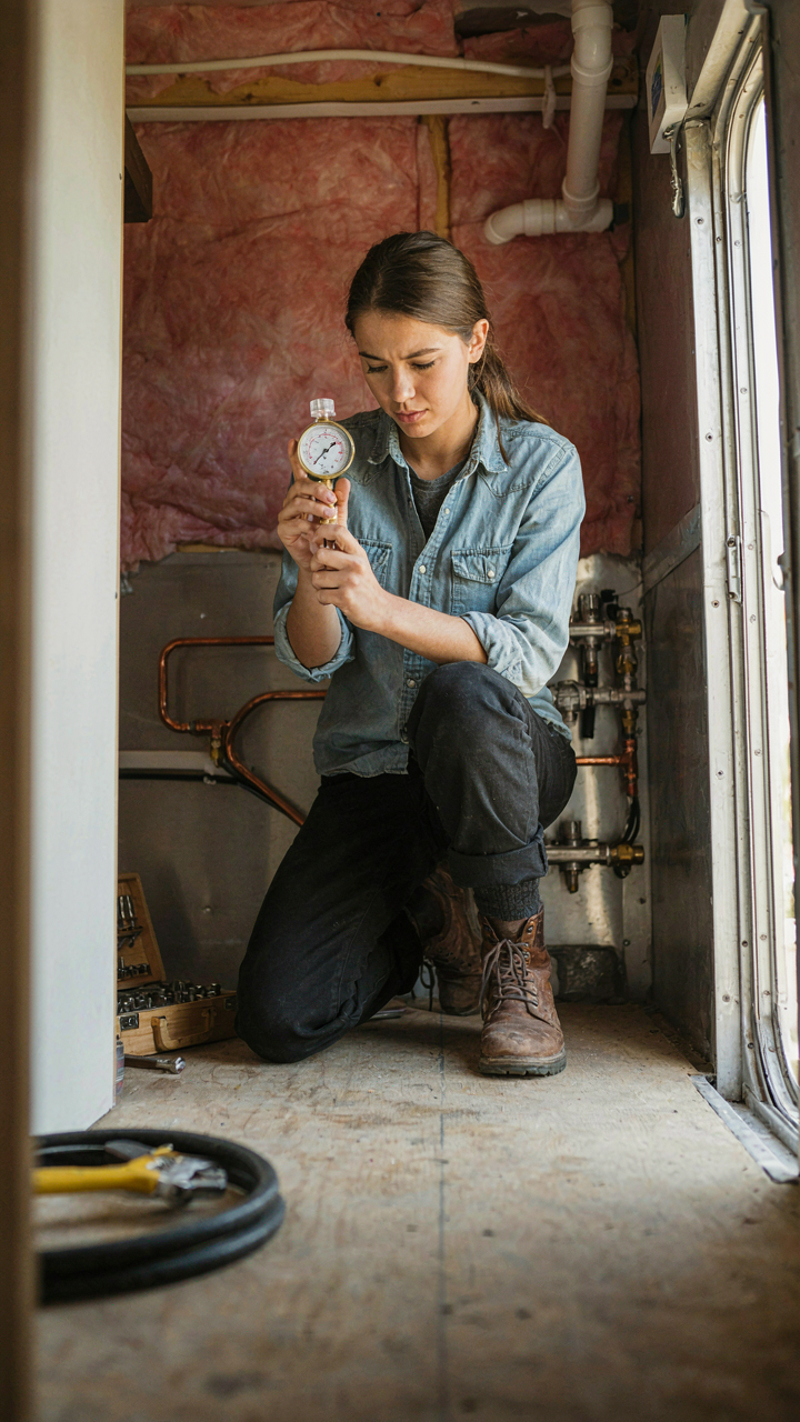 A person tests a new water system in a diy rv renovation with a gauge.