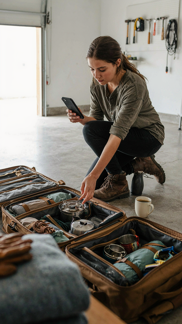 A person cleans and restocks a camping trunk organizer using a photo as a guide.