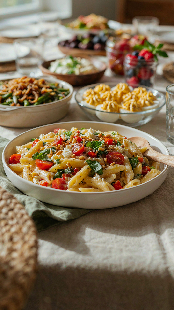 An elegant pasta salad in a white dish is on a table with other food.