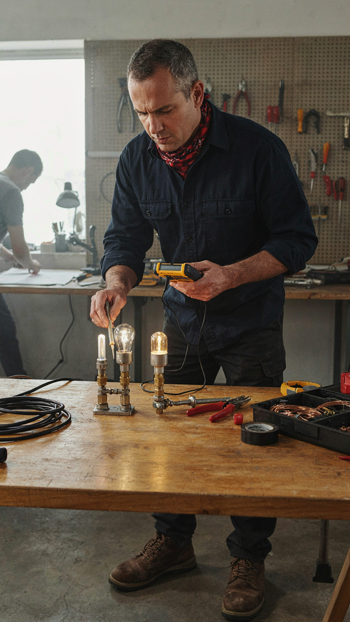 An electrician compares the power draw of two different LED bulbs.
