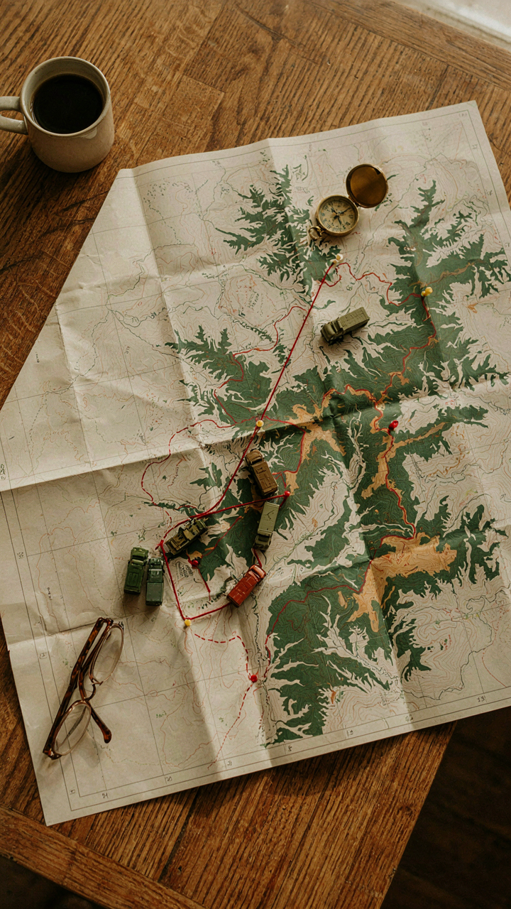A detailed map shows supply routes to a remote mountain campsite.