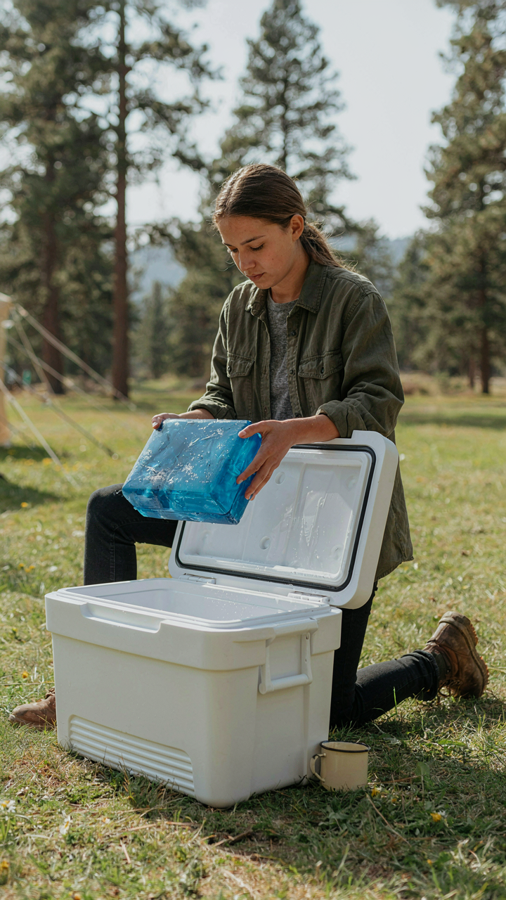 A person puts a large ice pack into an empty camping cooler.