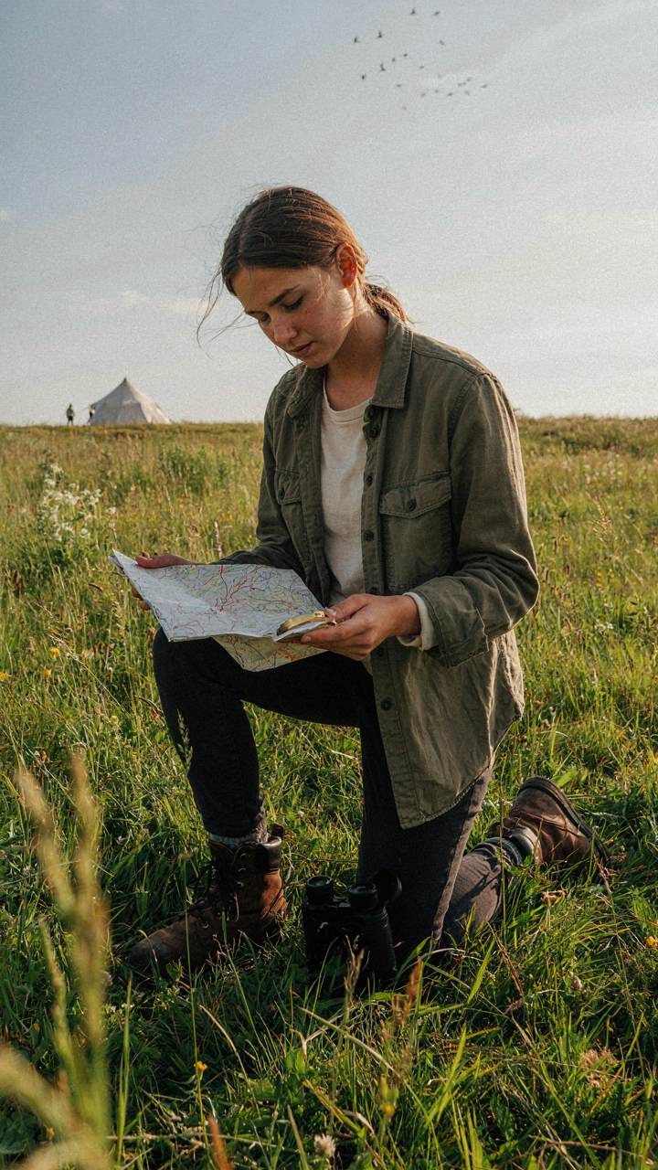 A person studies a topographic map in a grassy field.