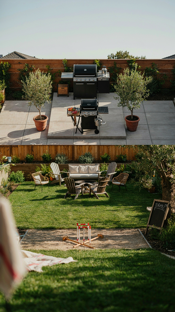 An organized backyard shows clear pathways and zones for a cookout party.