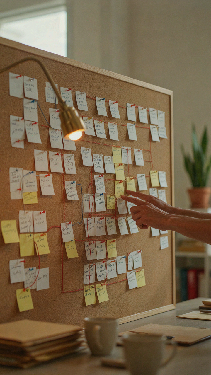A close-up of a complex project management flowchart on a cork board.