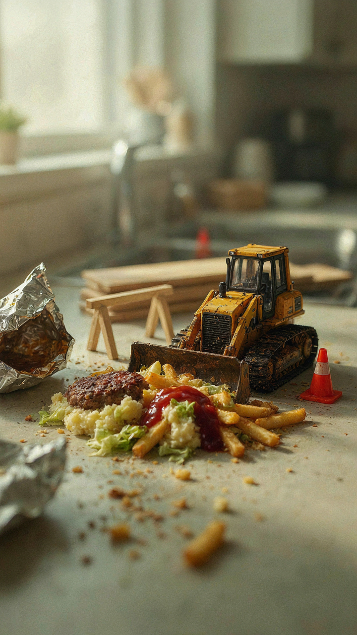 A tiny bulldozer tries to move a sticky pile of food waste from a foil packet.