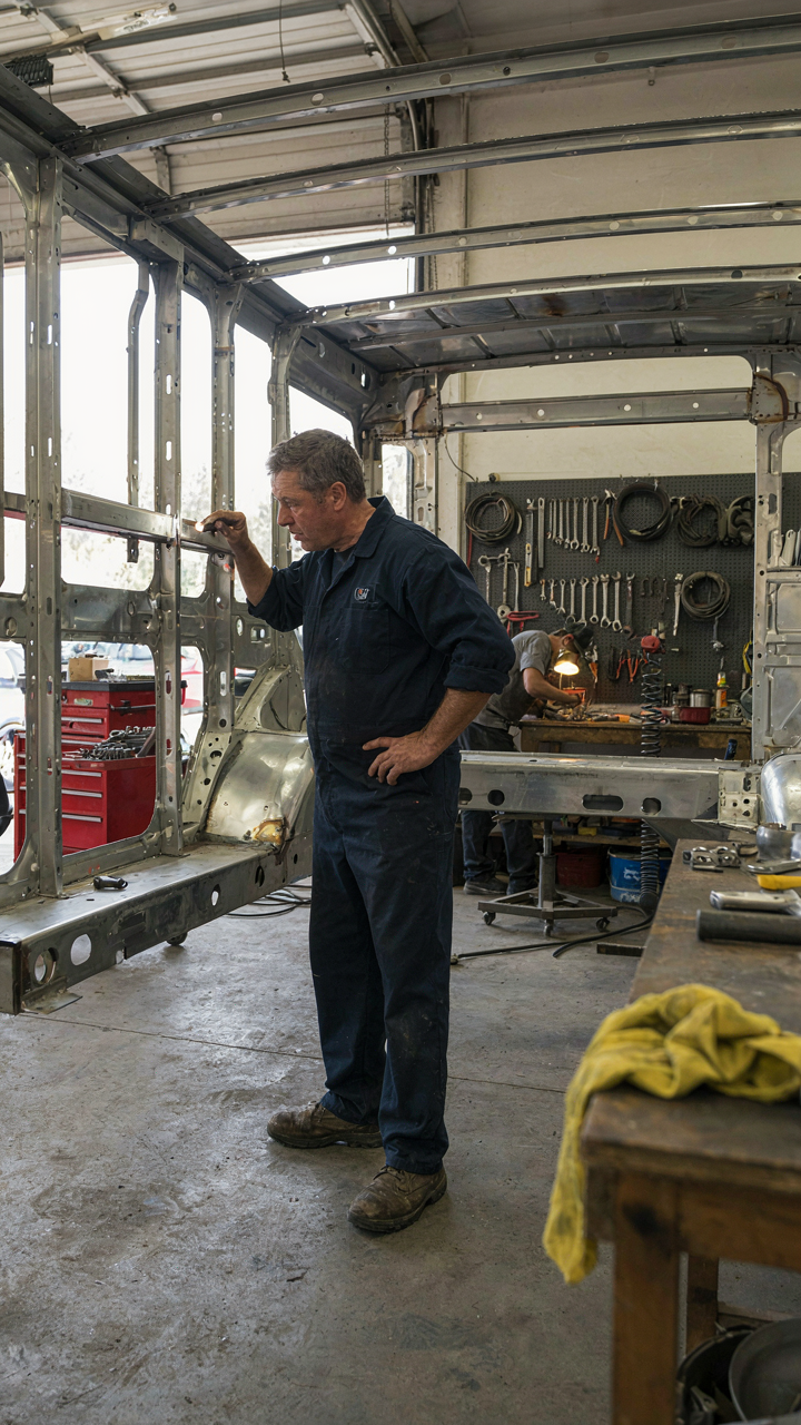 A mechanic inspects the metal frame of an RV in a garage.