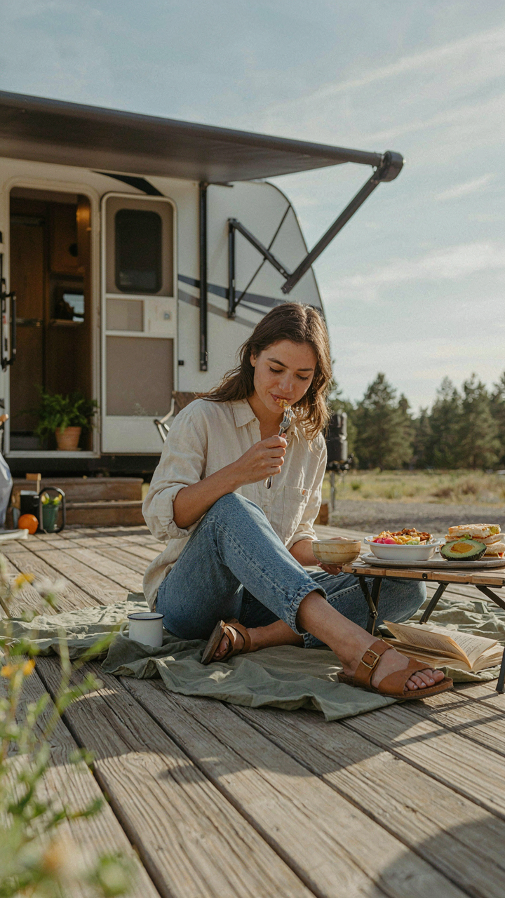 A person eats a prepared meal happily outside their RV on a trip.