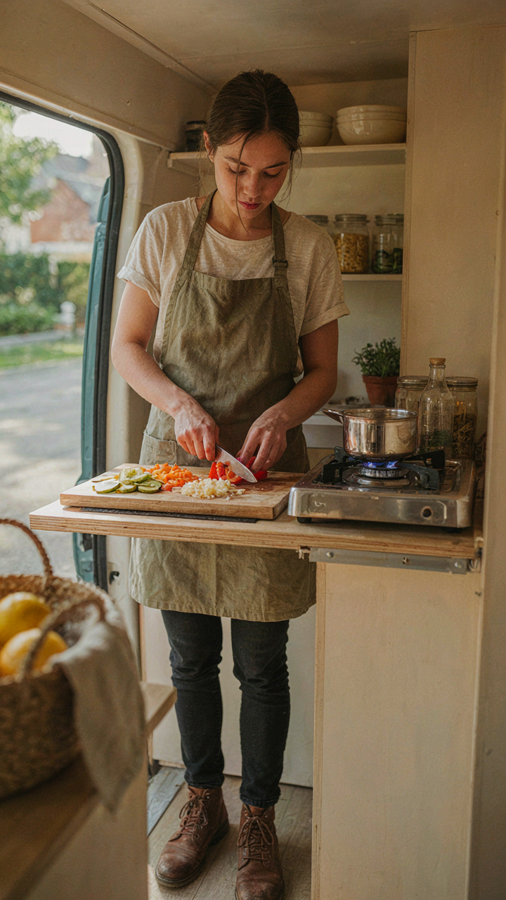 A person quickly cuts vegetables on a small counter in a van kitchen setup.