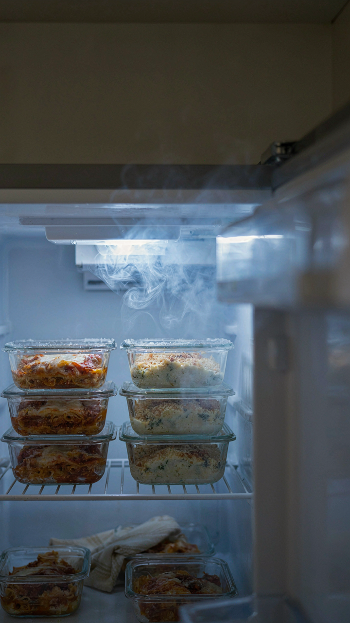 Frozen make ahead dishes are neatly stacked inside a freezer.