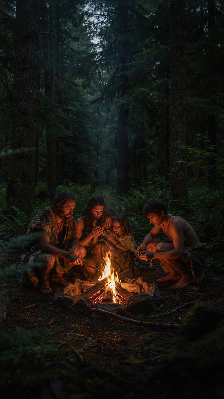 Ancient people huddle around a campfire in a dark forest.