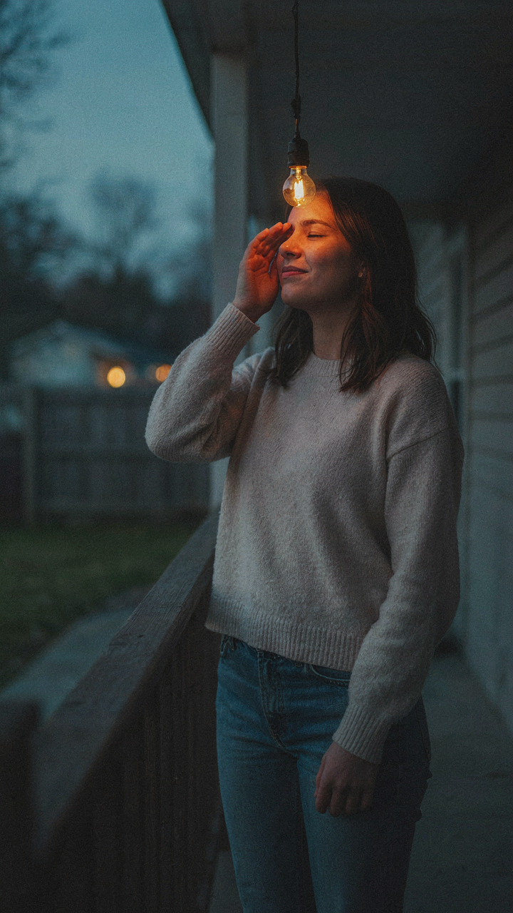 A person stands very close to a single, bright outdoor string light bulb.