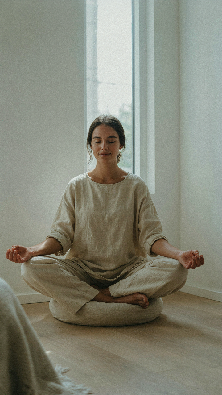 A content person meditates in a tiny, minimal white room.
