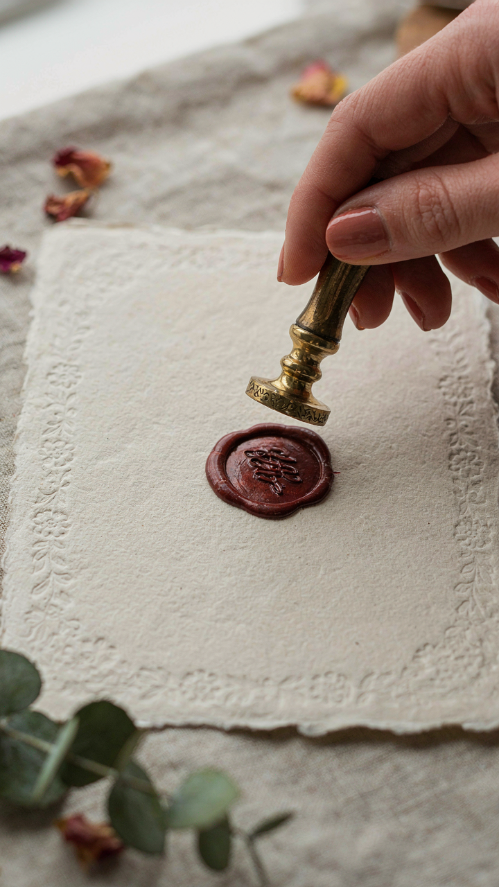 A hand places a wax seal on a handmade birthday party invitation.