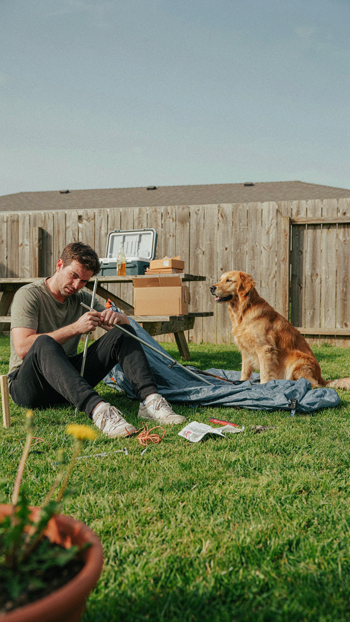 A frustrated person tries to set up a complicated tent in a backyard.