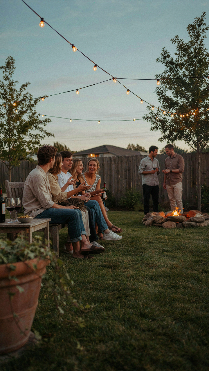 Soft, warm lights create a relaxed atmosphere at a backyard gathering.