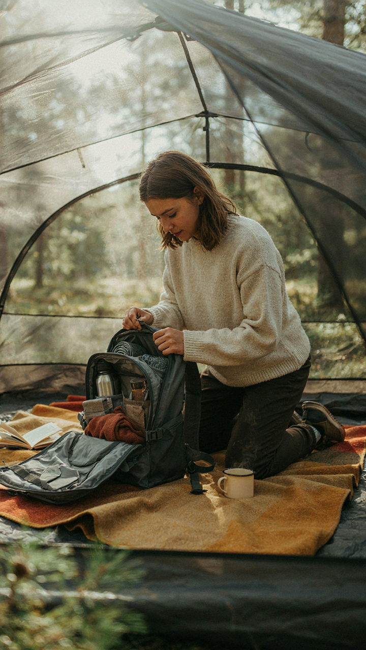 A person unpacks a backpack inside a neat tent.