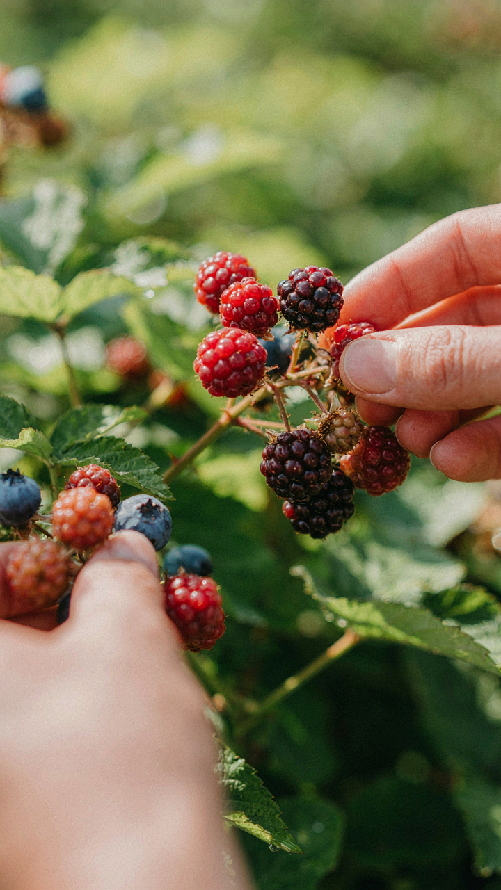 A hand carefully picks fresh, vibrant mixed berries from a bush.