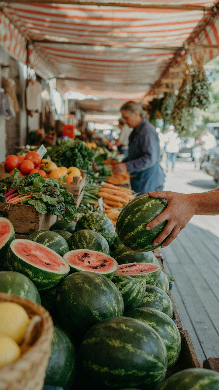 A person's hand picks a dark green watermelon from a pile at a busy farmers' market.