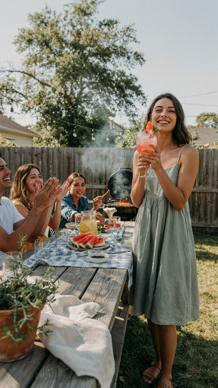 A person proudly holds a perfect watermelon mocktail among impressed friends at a cookout.