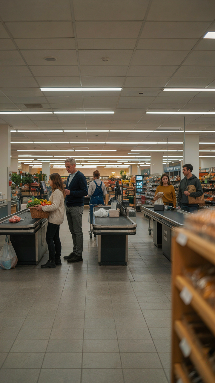 Multiple open checkout lines at a grocery store with a few customers.