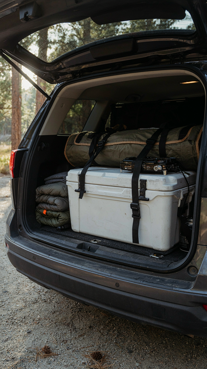 Heavy camping equipment is placed low and centered in an SUV trunk.