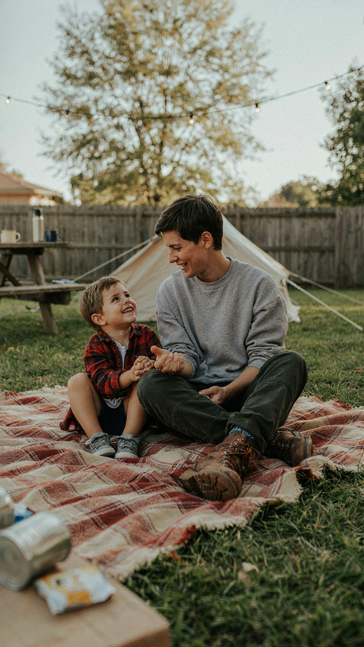 A parent and child sit close on a camping blanket, smiling at each other.