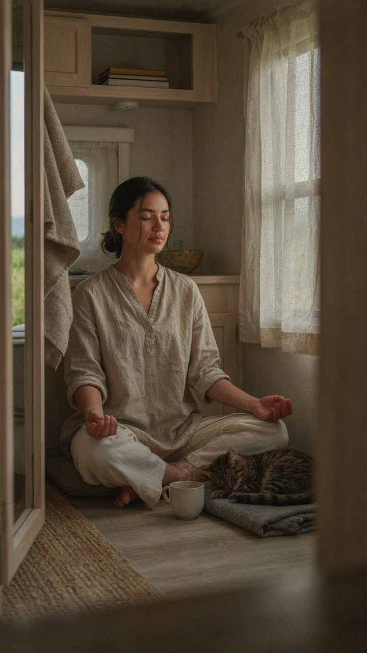 A person meditates calmly in a simple, uncluttered RV interior.