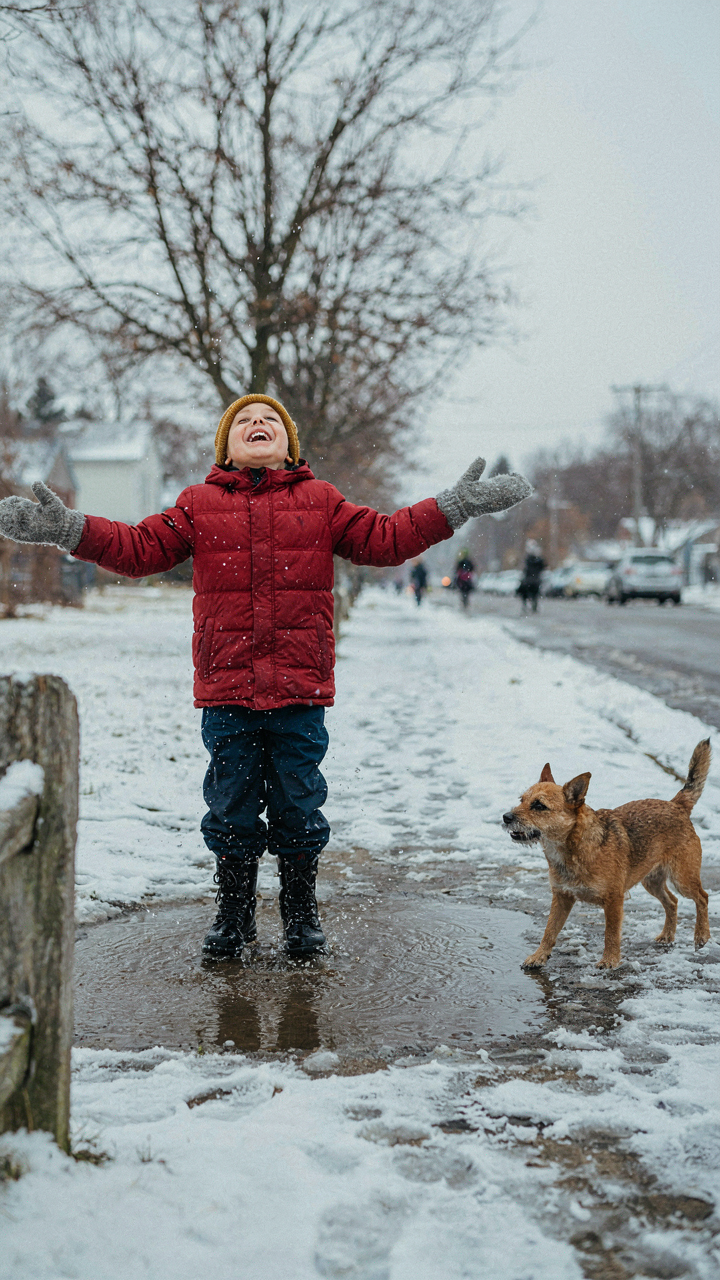 A child in waterproof gear joyfully splashes in a winter puddle.