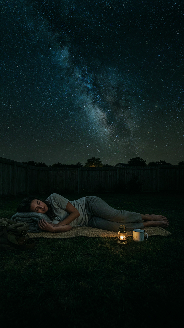 A person sleeps peacefully on a simple mat under stars.