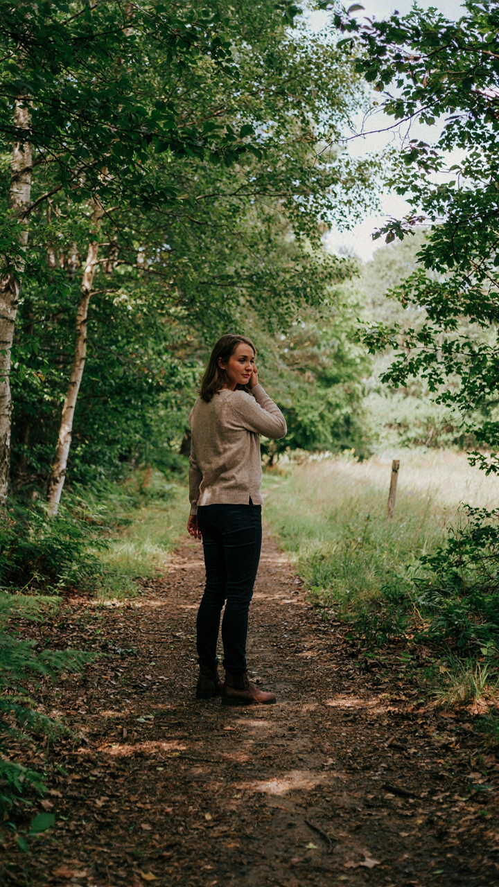 A person stands at a crossroads in a forest, facing a decision.