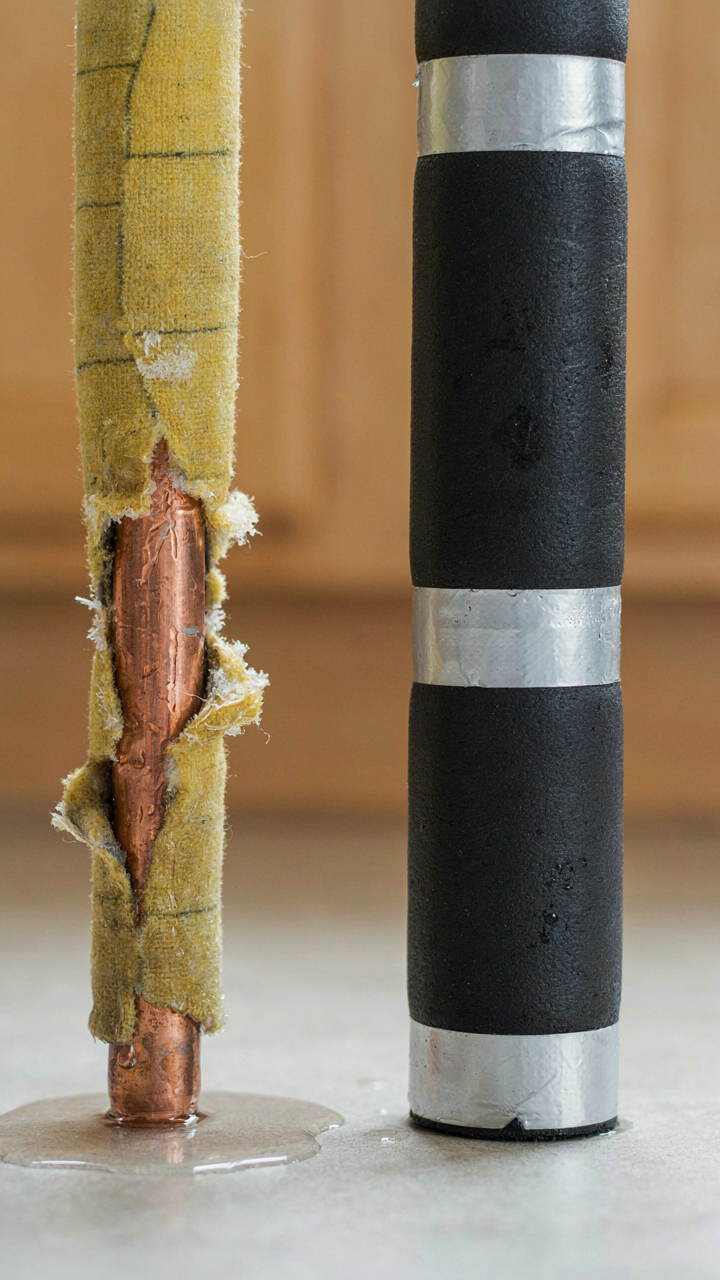 A frozen, burst RV pipe next to a well-insulated, intact pipe.