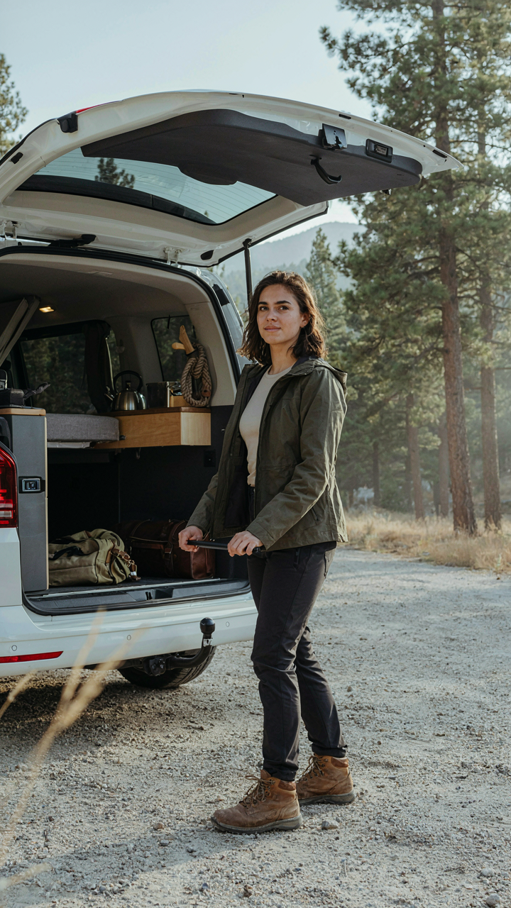 A person stands confidently by a minimalist minivan camper conversion.