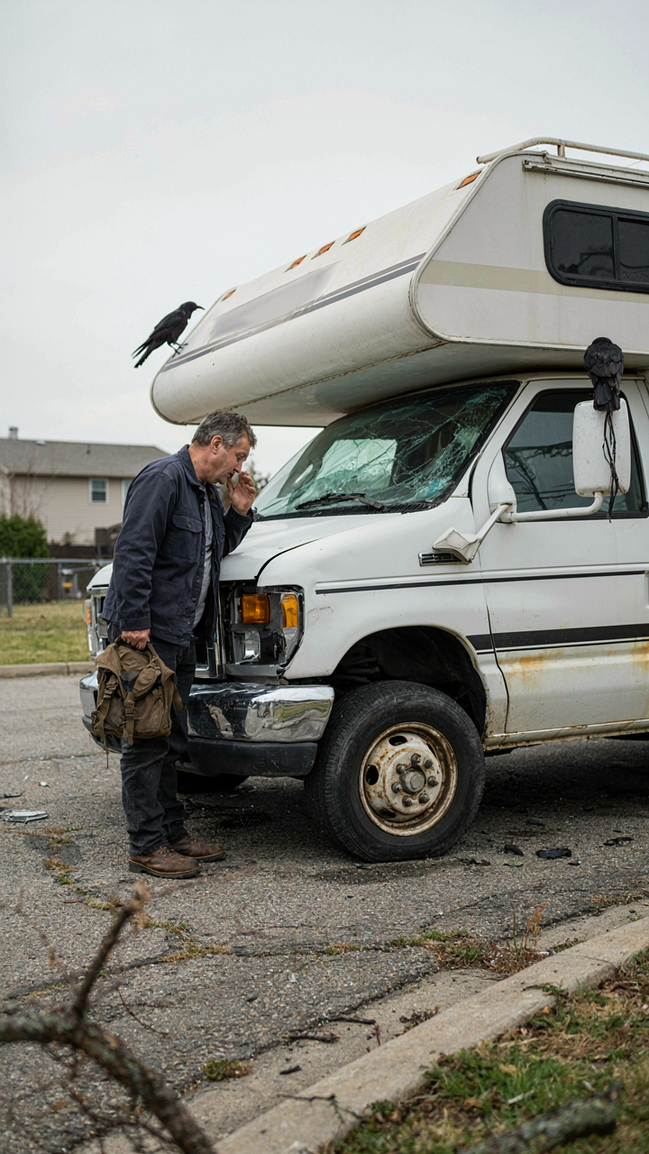 A distressed person looks at a damaged RV with freeze damage.