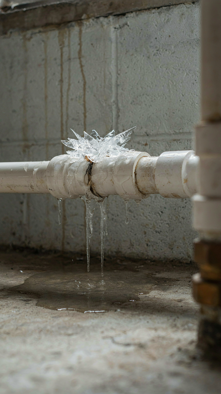 A broken PVC water pipe with ice bursting from a crack.