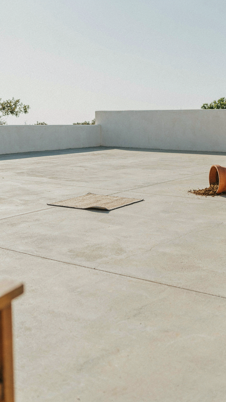 A tiny outdoor rug on a huge, empty patio space.