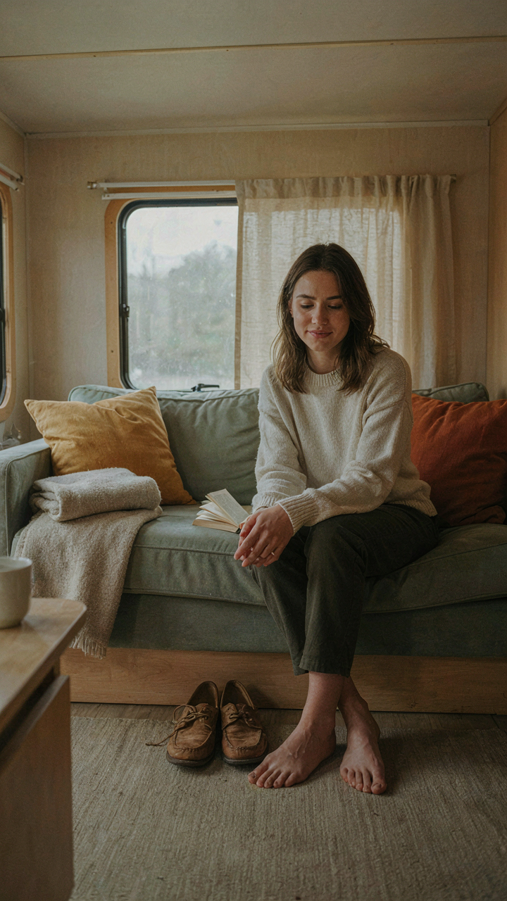A person removes shoes before sitting on a well-kept RV couch.