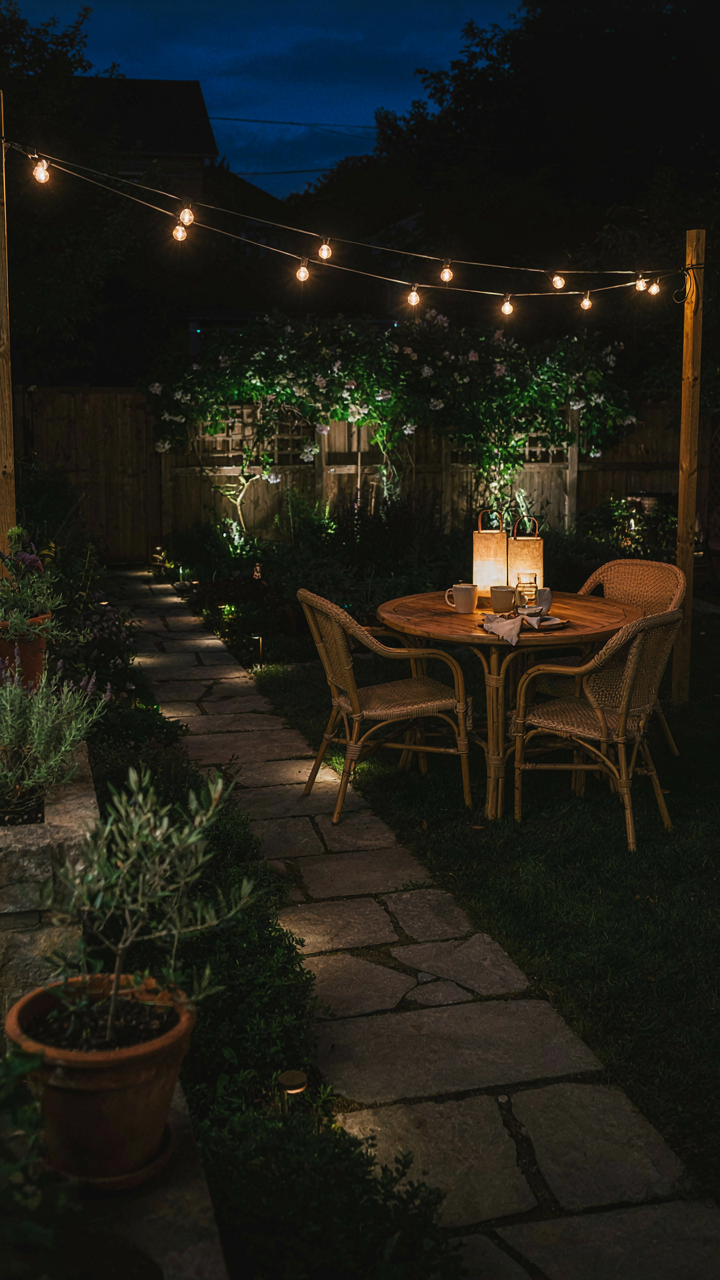 A cozy patio at night with string lights, lanterns, and solar stakes.