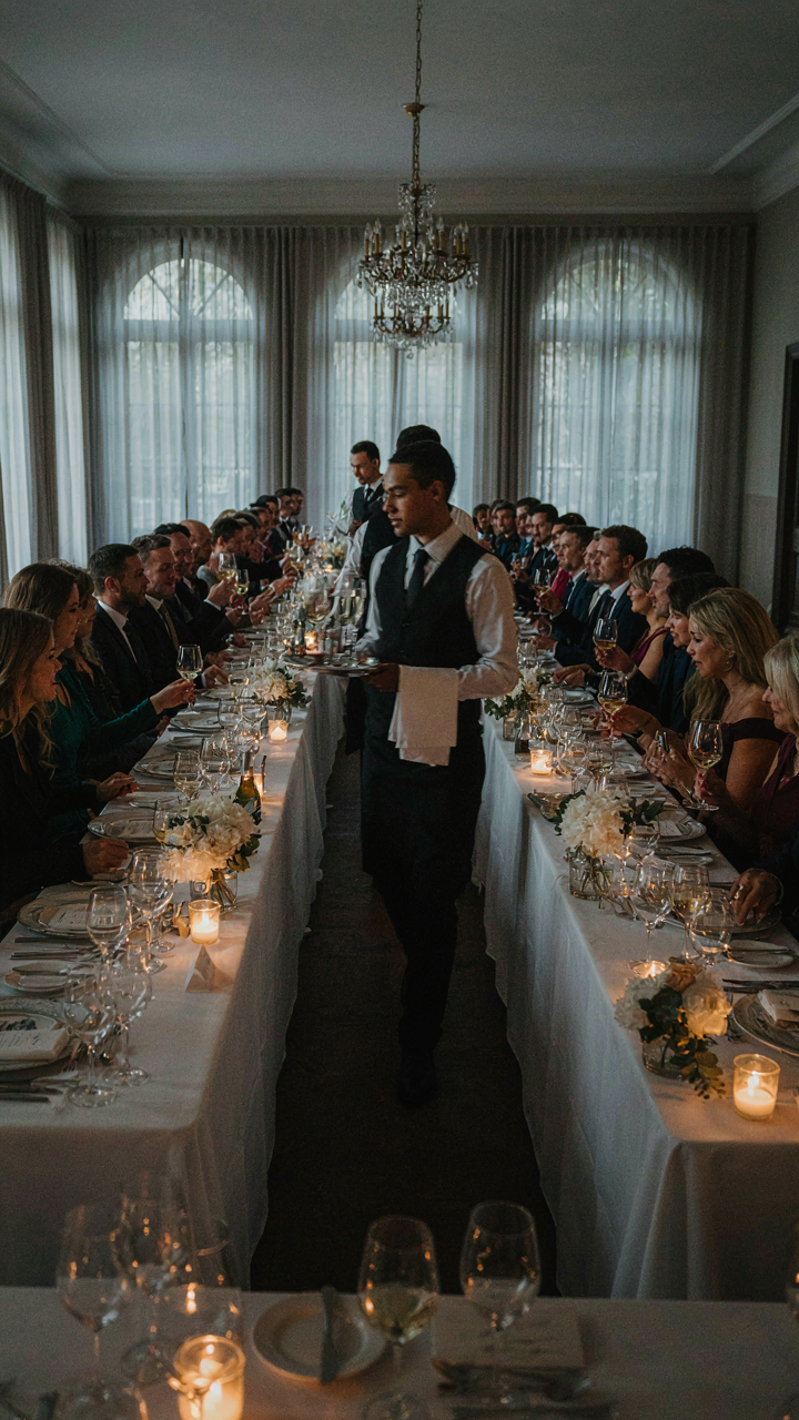 Waitstaff moving smoothly along clear paths at a long dinner party.