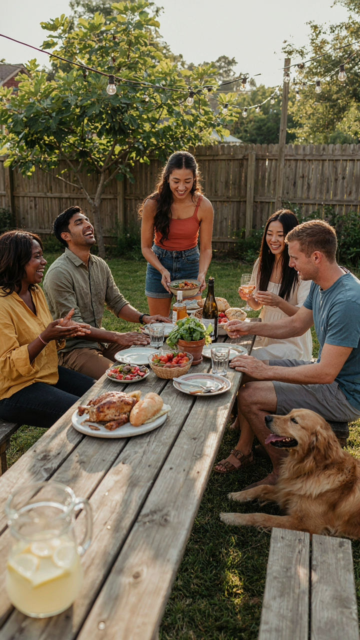 Friends sharing a meal and laughing together at an outdoor gathering.
