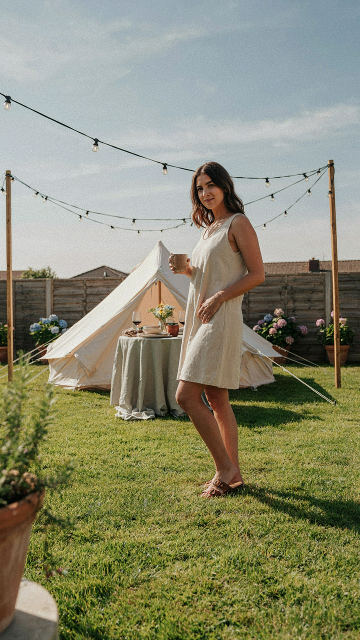 A person smiles confidently next to a small backyard tent party.