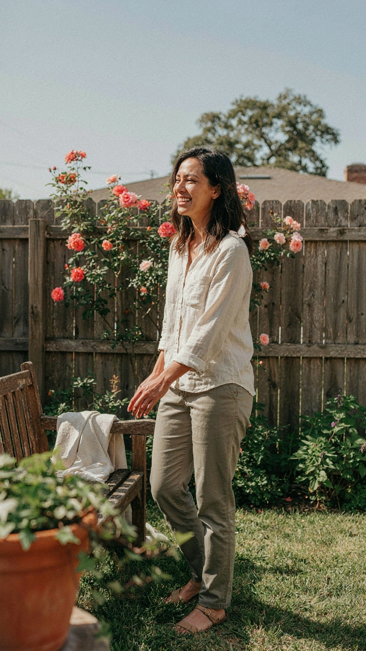 A woman looks genuinely happy and engaged, smiling in a warm garden.