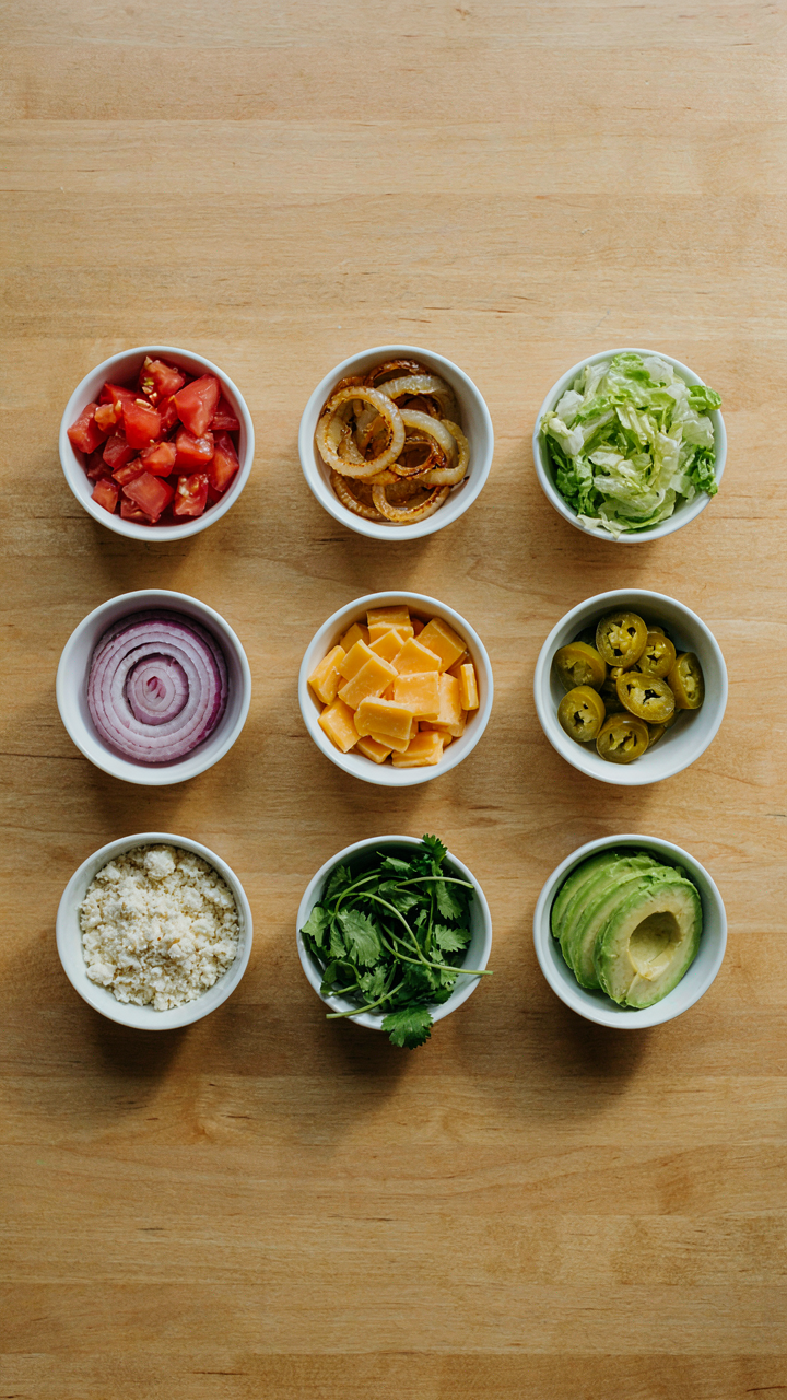Six distinct, colorful, and perfectly arranged burger bar toppings sit in small bowls.