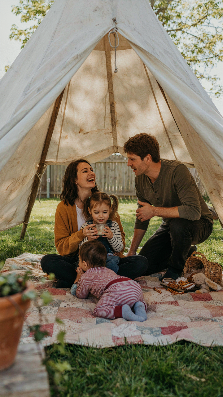 A family laughs and shares stories inside a well-loved backyard teepee tent.