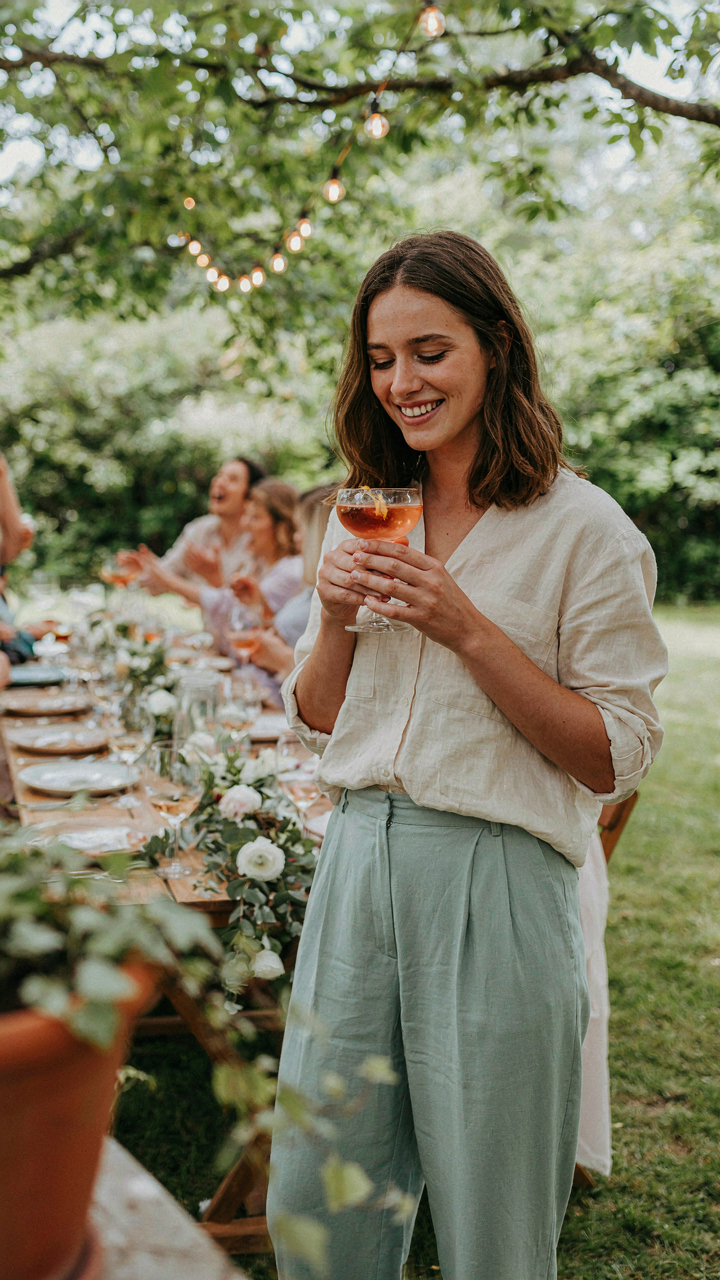 A happy guest holds a sparkling mocktail and smiles.