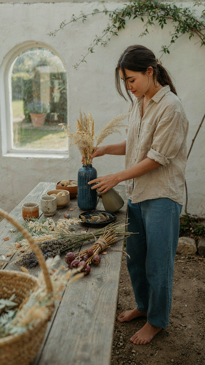 A person confidently arranges unique, colorful, hand-crafted pottery on an outdoor table.